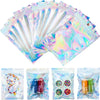 A stack of holographic mylar bags with clear front windows containing various cosmetic products.