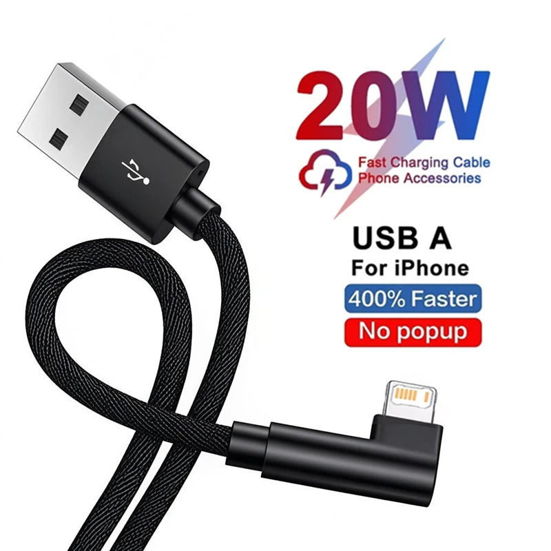 Black braided USB cable for iPhone fast charging accessories with a 20W output.
