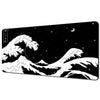 A black and white illustration of a large wave against a night sky with a crescent moon.