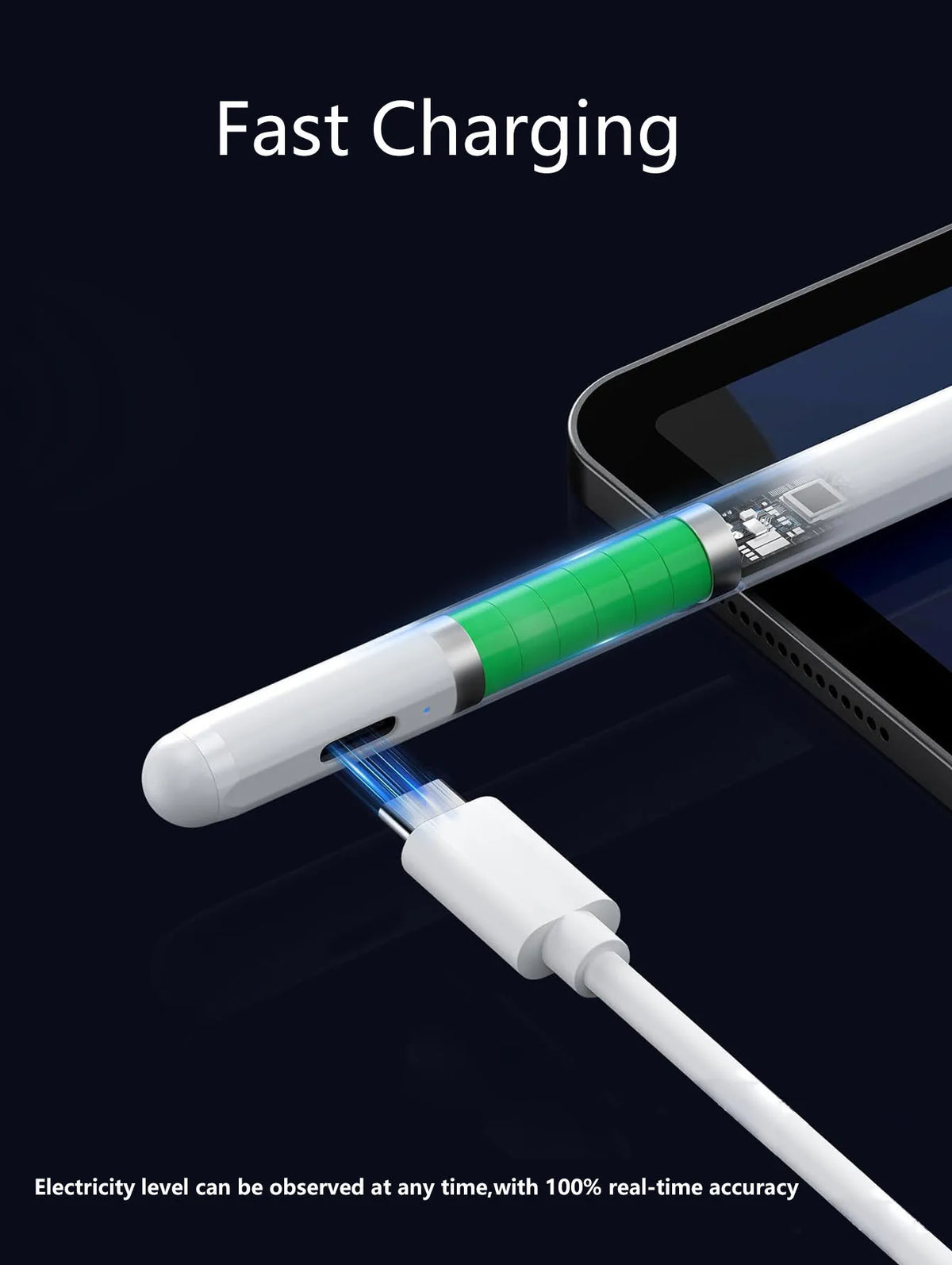 Stift wird verwendet, um ein Apple iPad aufzuladen, was schnelles Laden und 100% Echtzeitgenauigkeit demonstriert.