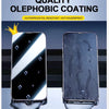 A close-up of a smartphone screen protected by a quality oleophobic coating, demonstrating waterproof and anti-fingerprint pr