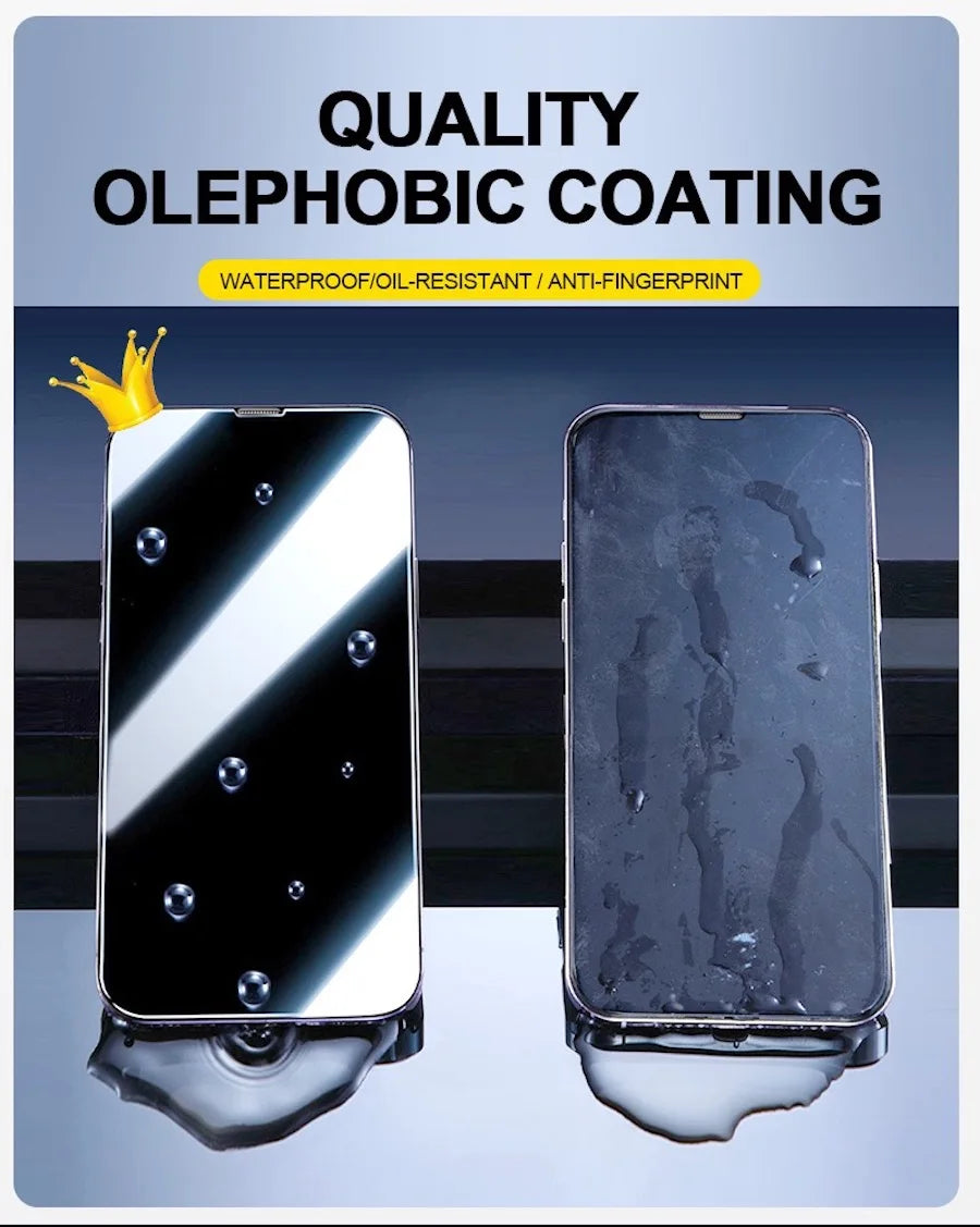 A close-up of a smartphone screen protected by a quality oleophobic coating, demonstrating waterproof and anti-fingerprint pr