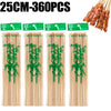 A set of natural bamboo skewers in various lengths, packaged with green labels indicating they are made in China.