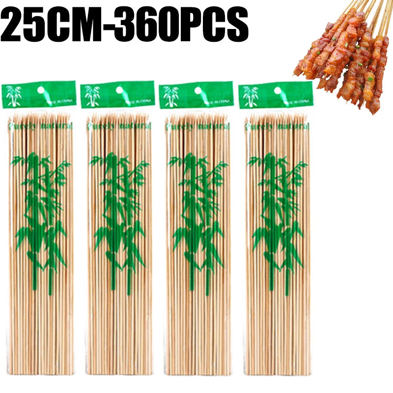A set of natural bamboo skewers in various lengths, packaged with green labels indicating they are made in China.
