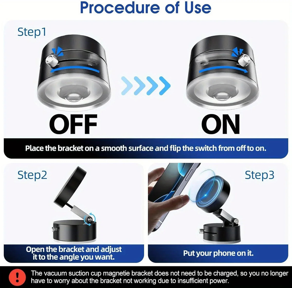 Procedure of use showing how to turn the magnetic phone holder on and off