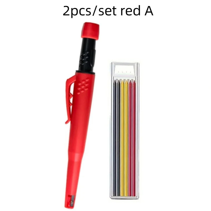 A red heavy-duty mechanical carpenter pencil with a built-in sharpener and multiple colored pencils inside.