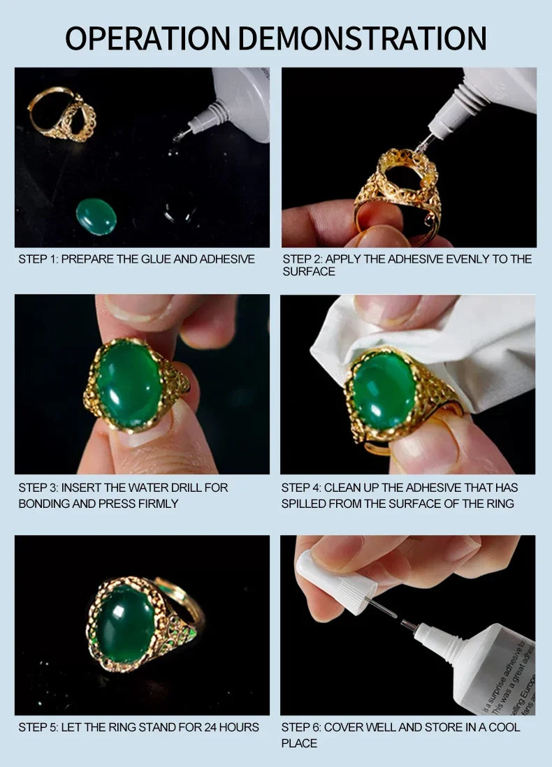 Demonstration steps for applying precision adhesive jewelry glue to a ring.