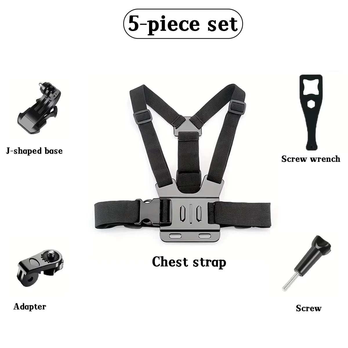 A 5-piece set of adjustable head and chest mounts for action cameras and phones, including a J-shaped base, screw wrench, che