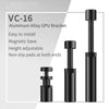 A set of black aluminum alloy GPU brackets showing various sizes and adjustable height options.