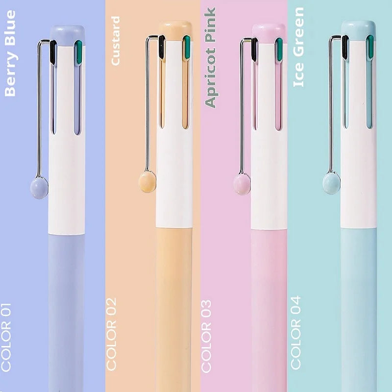 A set of four multi-color gel pens in Berry Blue, Custard, Apricot Pink, and Ice Green displayed vertically.