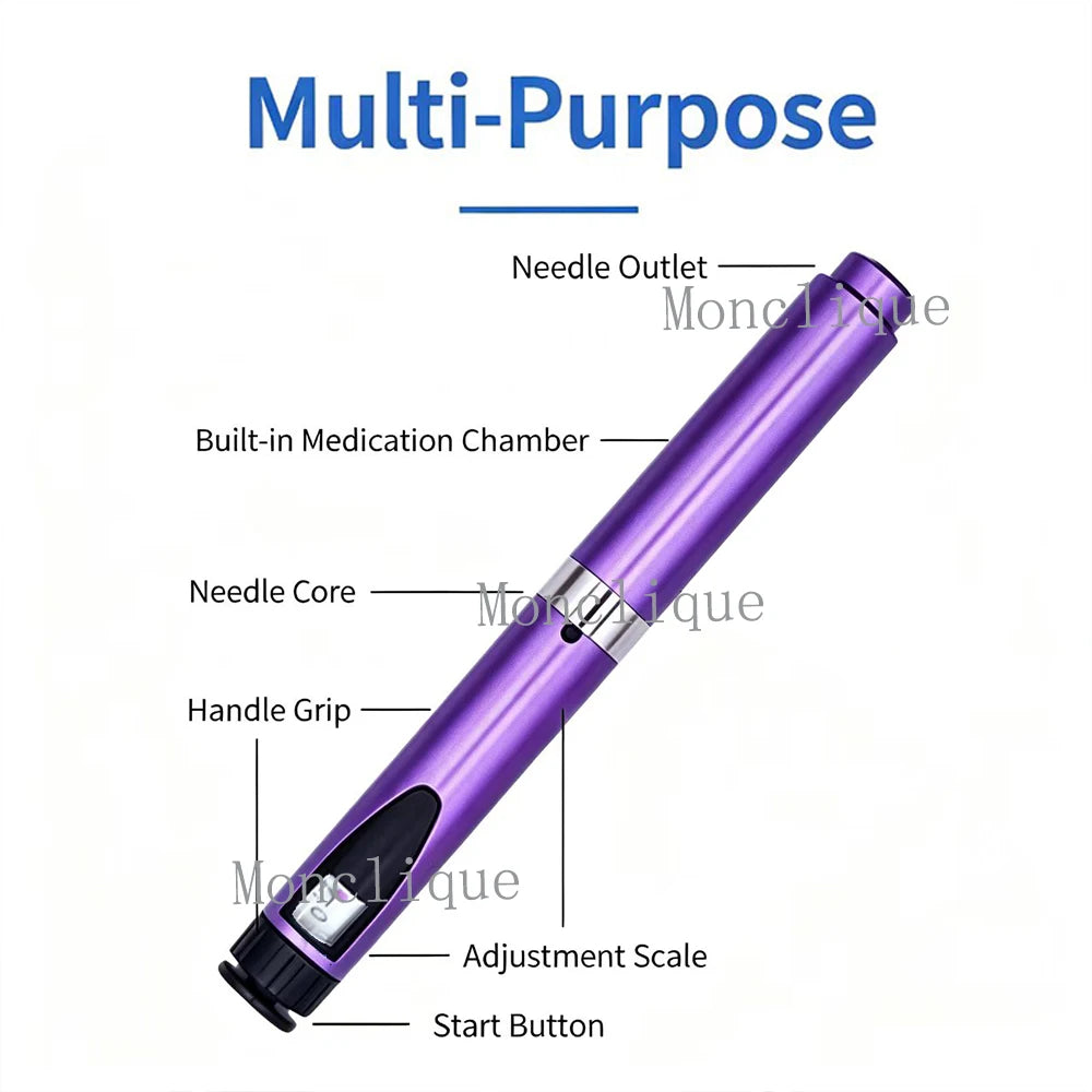 A purple reusable metal injection pen showing various components like the needle outlet, core, handle grip, adjustment scale,