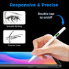 A hand uses a white magnetic tilt stylus pen to write on an Android device, demonstrating smooth writing and precise lines.