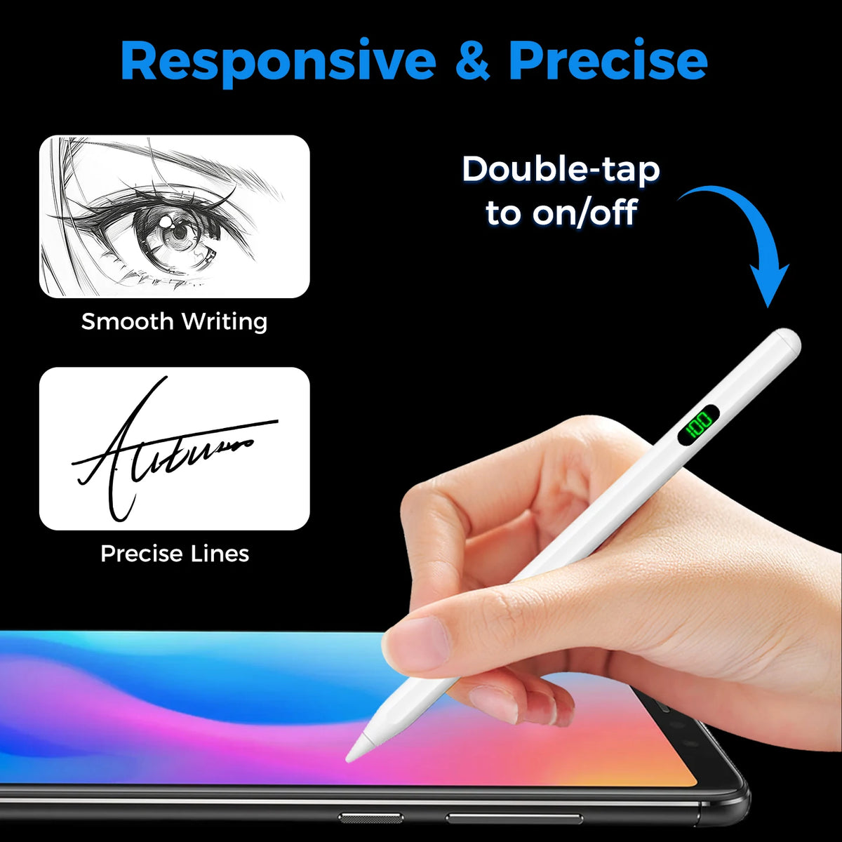 A hand uses a white magnetic tilt stylus pen to write on an Android device, demonstrating smooth writing and precise lines.