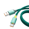 A green braided USB-C fast charging cable with a connector and a plug is shown against a black background.