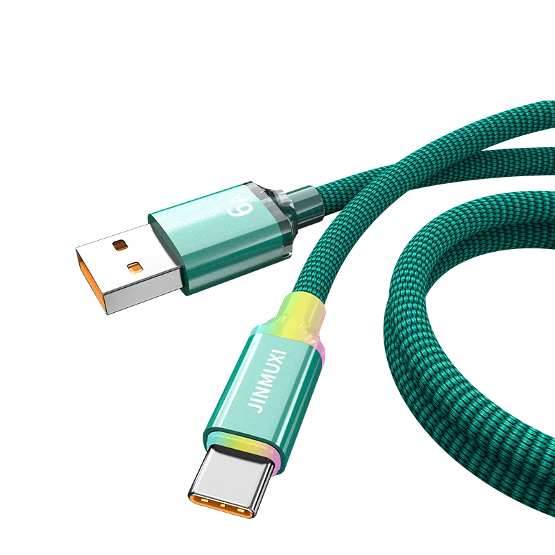 A green braided USB-C fast charging cable with a connector and a plug is shown against a black background.