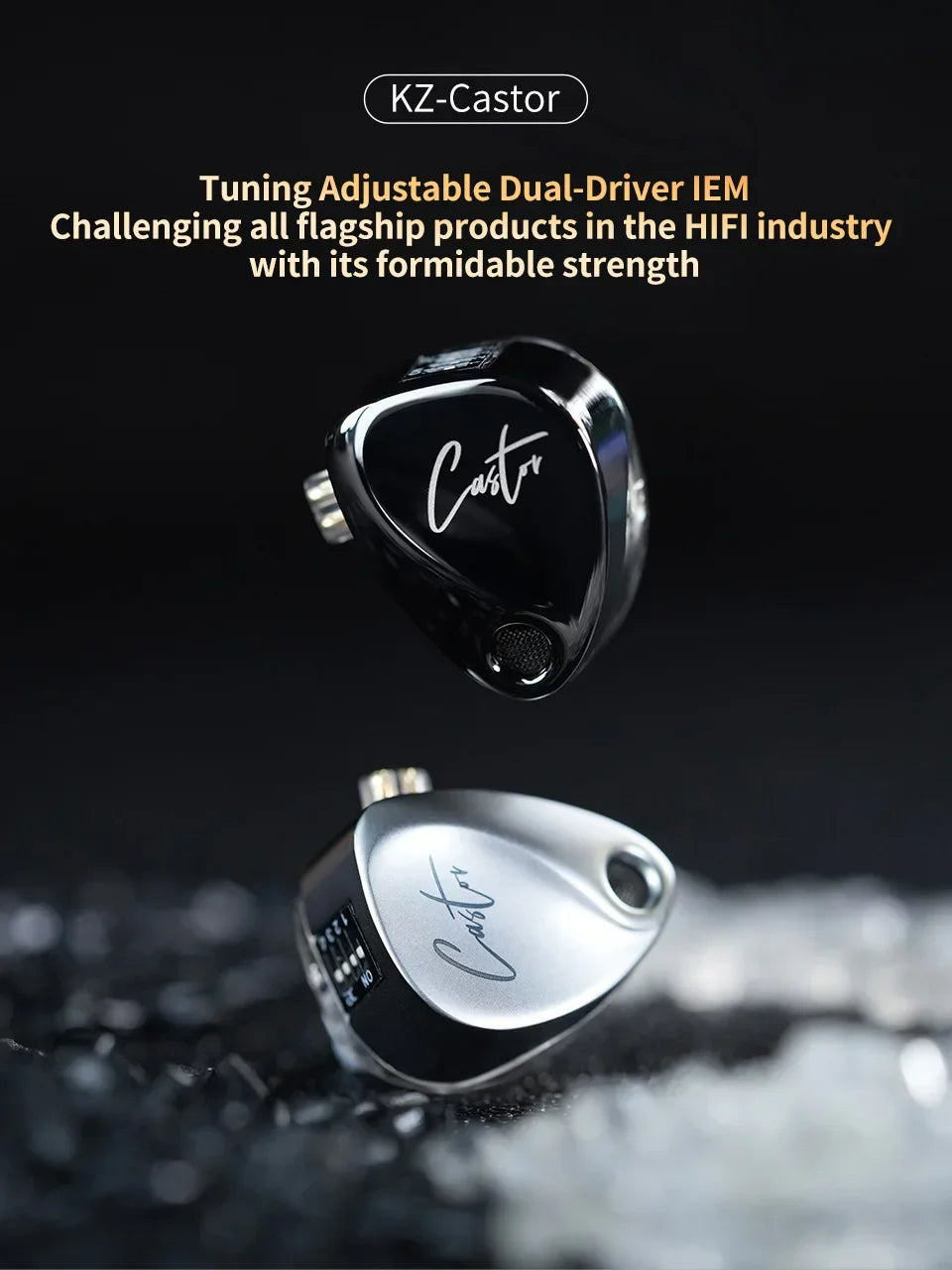 A pair of KZ Castor IEMs, featuring a silver-colored body and a black finish, are shown against a dark background.