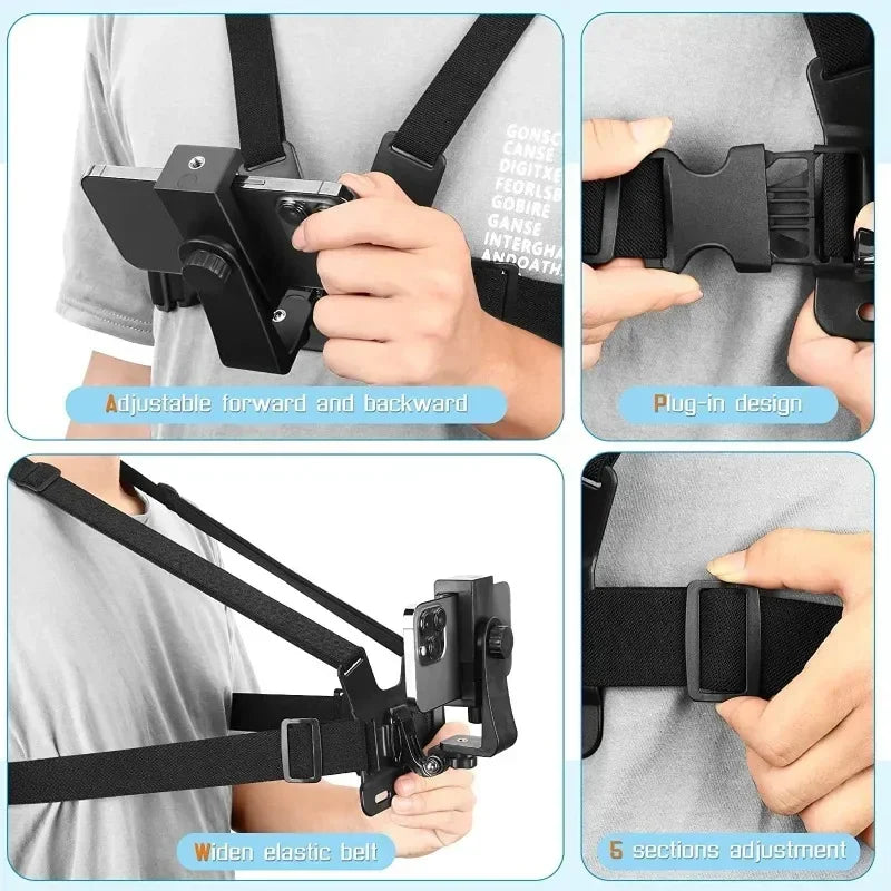 A black adjustable phone clip holder with a chest strap is shown in various adjustment and plug-in designs.