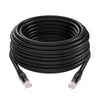 Black high-speed Cat6 Ethernet cable coiled and with connectors visible.
