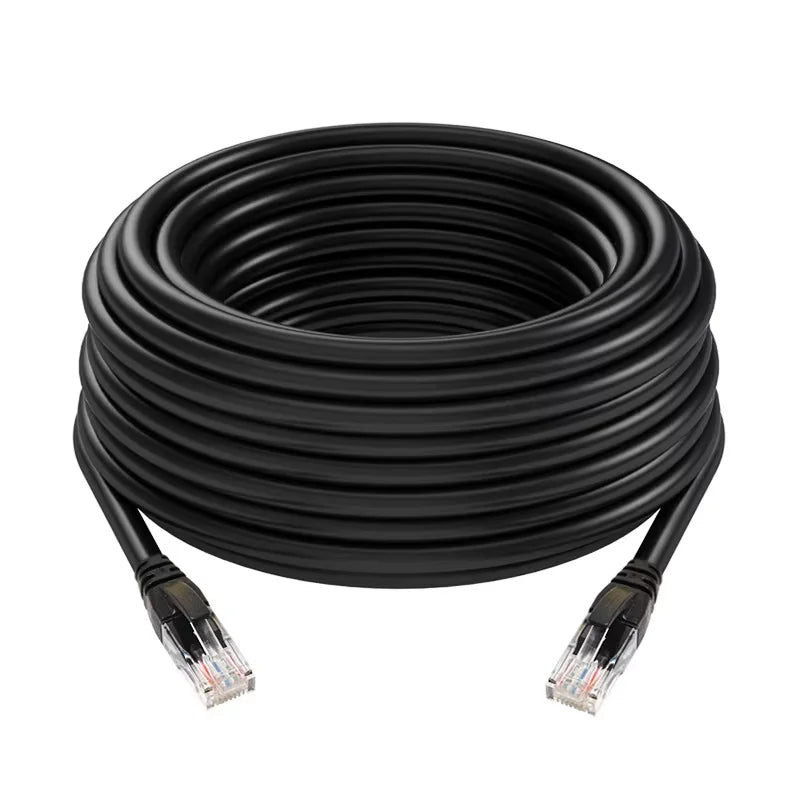 Black high-speed Cat6 Ethernet cable coiled and with connectors visible.