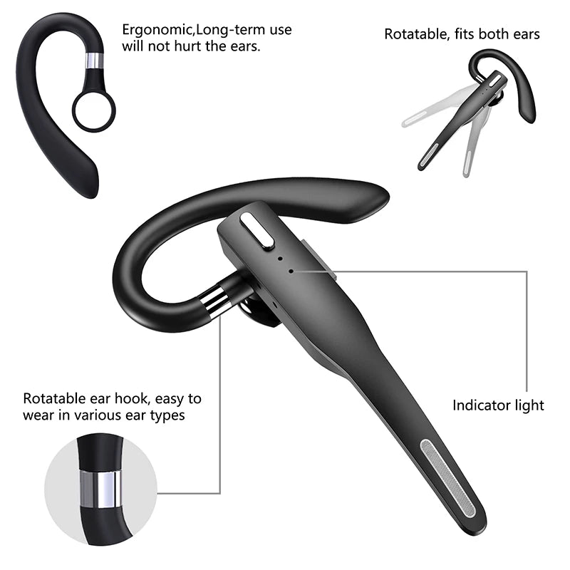 A black ergonomic rotating ear hook and earphones with an indicator light.