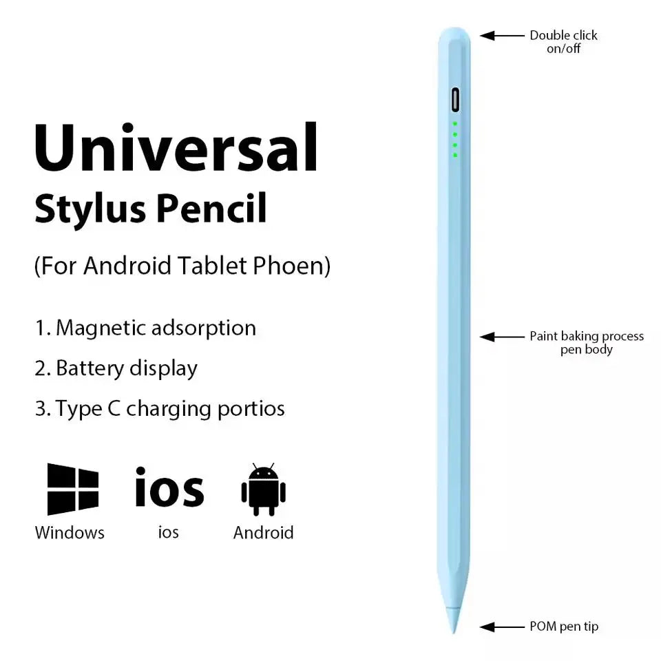A long, slender stylus pencil with a double click on/off feature and various connectivity options for Android and iOS devices