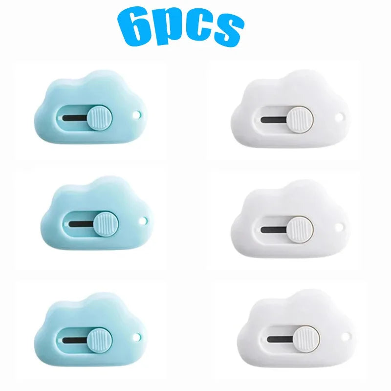 A set of six multi-color rabbit cloud utility knives in light blue and white.
