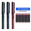 A set of three green and black fountain pens with ten red ink cartridges.