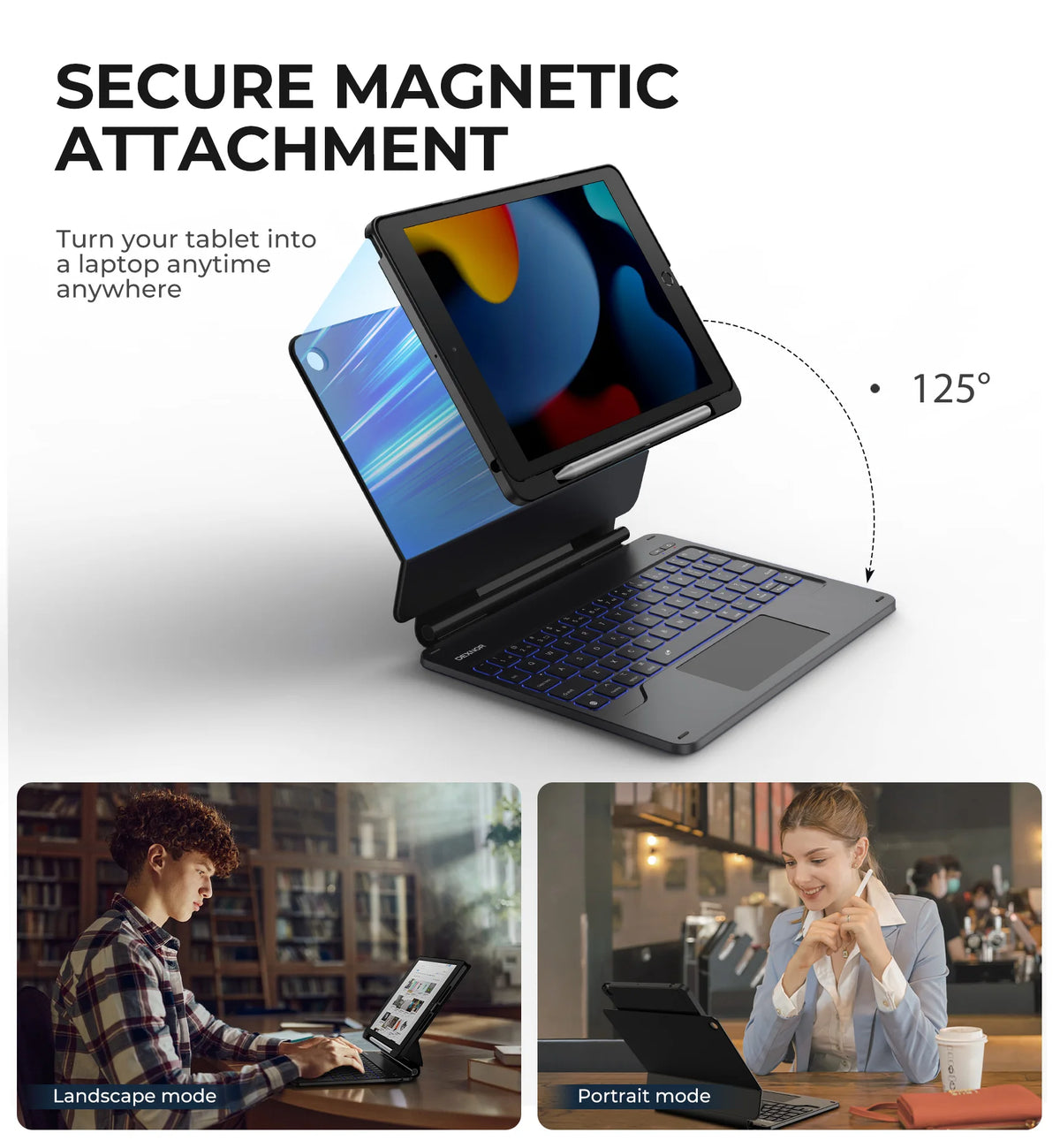 A laptop is magnetically attached to an iPad, demonstrating landscape and portrait modes.
