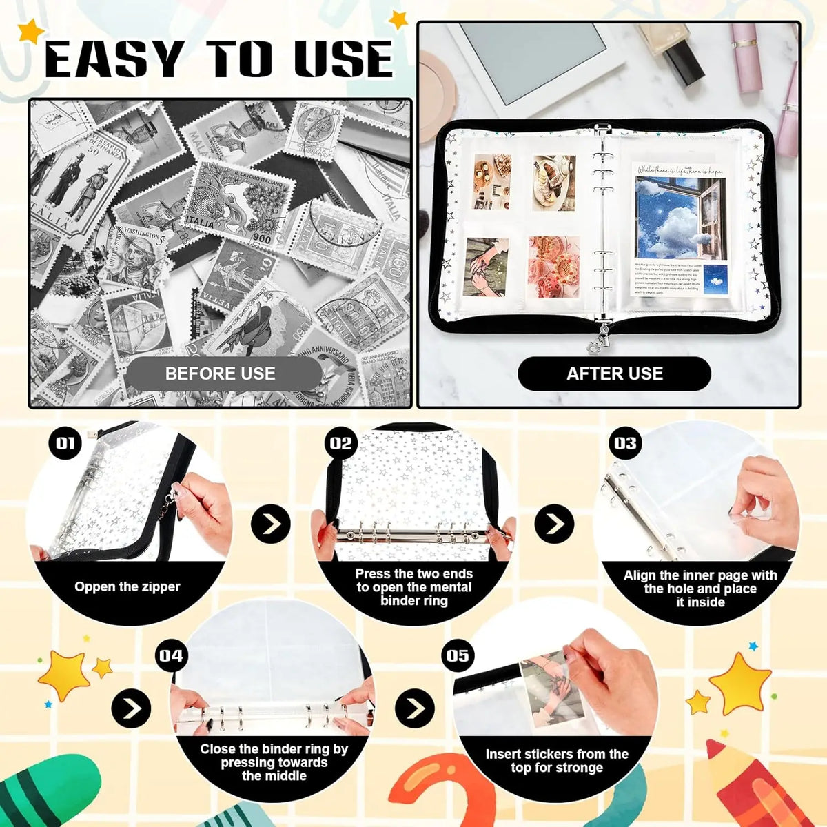 A guide showing how to use an A5 sticker organizer binder with clear storage pockets, including opening and closing instructi