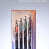 A vertical display of Suspension Pod Packaging featuring several pens in a clear box against a dark, rocky background.