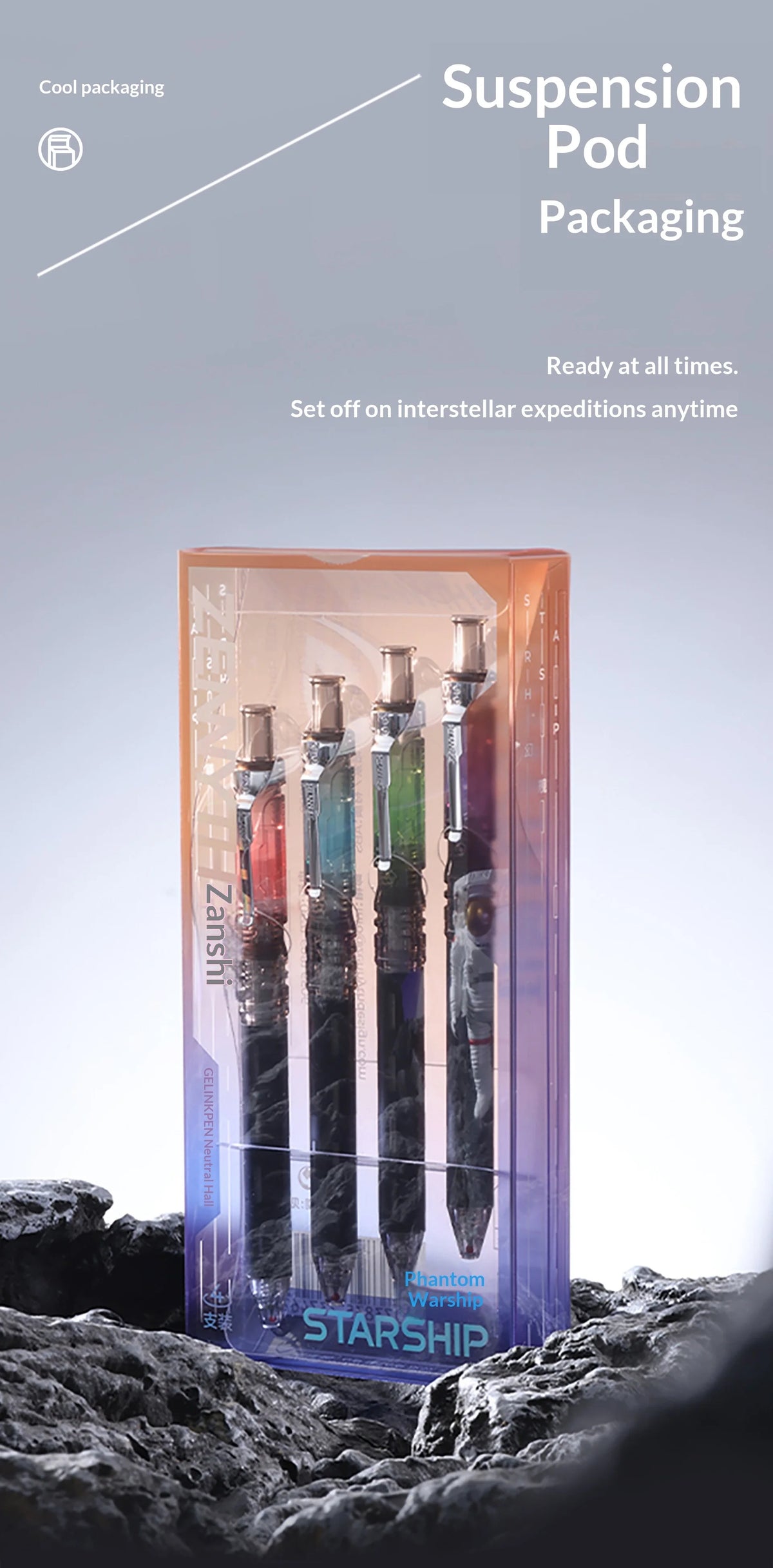 A vertical display of Suspension Pod Packaging featuring several pens in a clear box against a dark, rocky background.