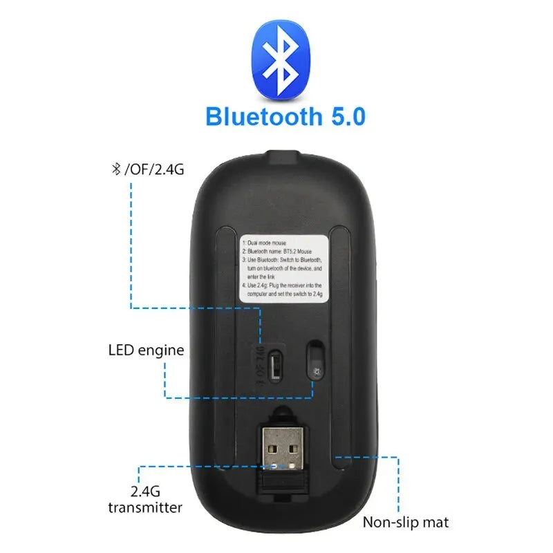 Schwarze Bluetooth 5.0 kabellose Gaming-Maus mit LED-Engine und 2,4-GHz-Sender.