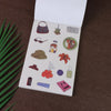 A page from a sticker book featuring various fruit icons like apples, oranges, and berries on a white background.