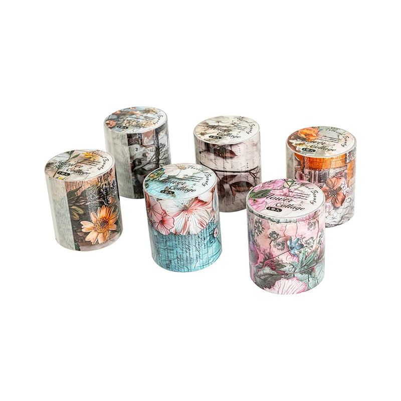 A collection of decorative washi tape rolls featuring floral patterns and natural textures.