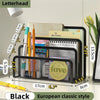 Black metal mesh desk file organizer holding pens and paper in an European classic style.