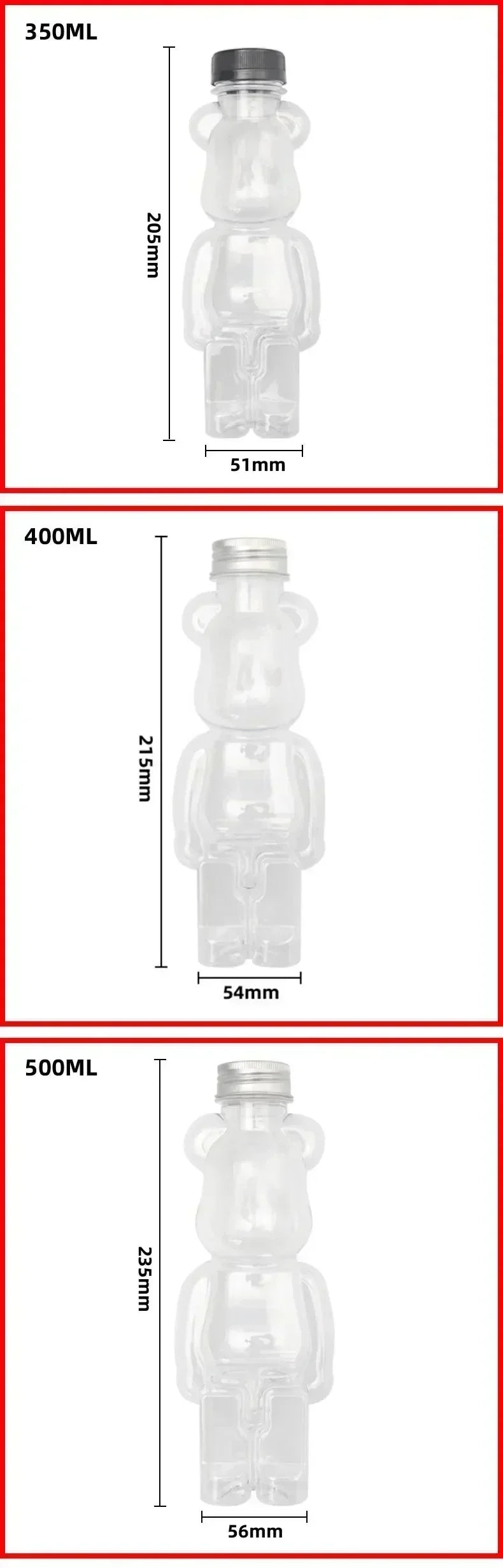 A series of clear, bear-shaped reusable water bottles with varying capacities: 350ml, 400ml, and 500ml.