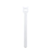A white reusable nylon cable organizer tie with a clip at the top.