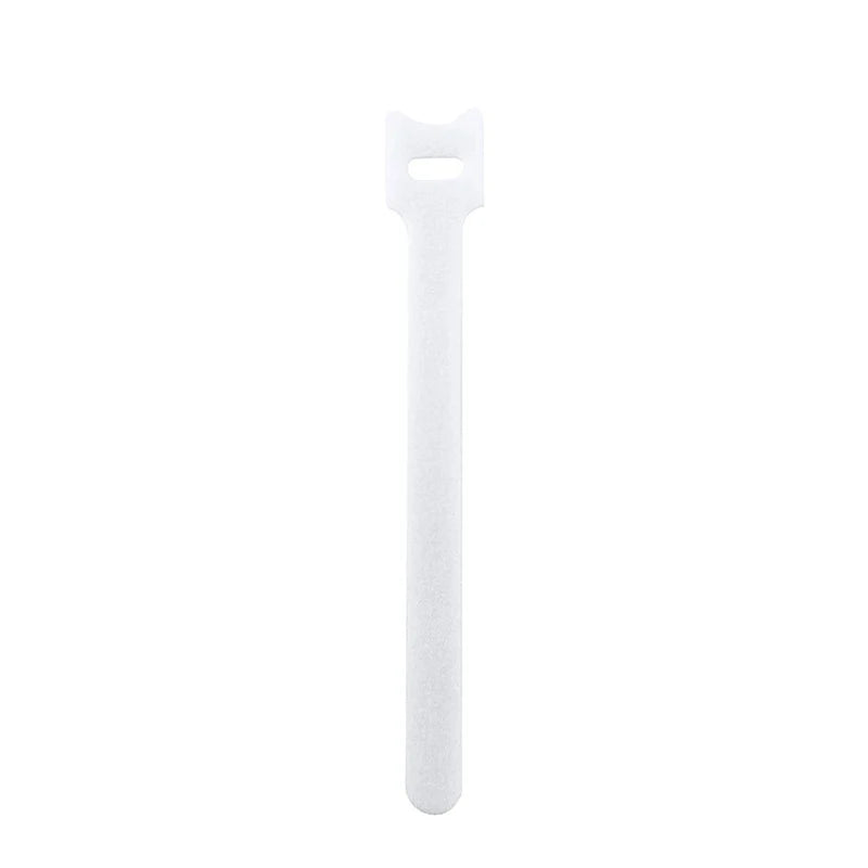 A white reusable nylon cable organizer tie with a clip at the top.
