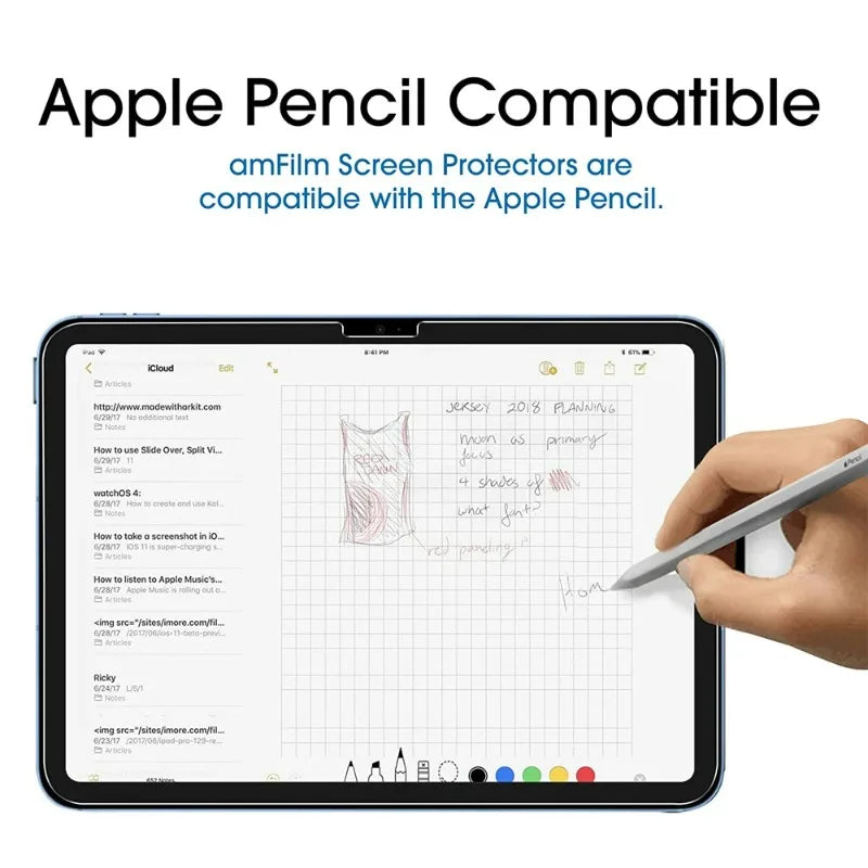 A hand holds an Apple Pencil near a tablet displaying screen protectors compatible with the Apple Pencil.