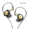 Pair of black and clear KZ EDX PRO dynamic earphones with gold accents