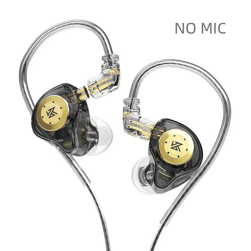 Pair of black and clear KZ EDX PRO dynamic earphones with gold accents