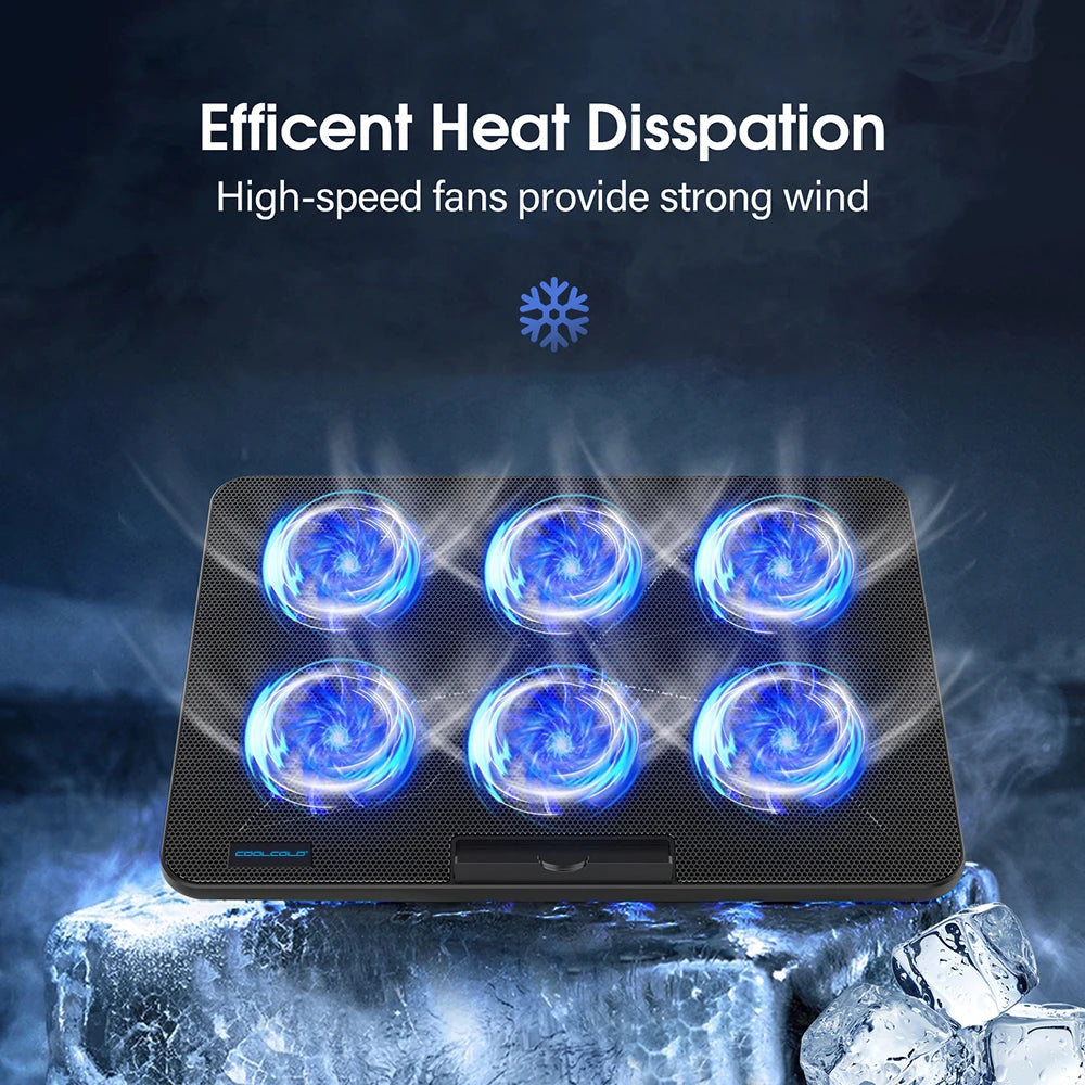 A black laptop cooling pad with multiple blue fans is shown resting on ice.