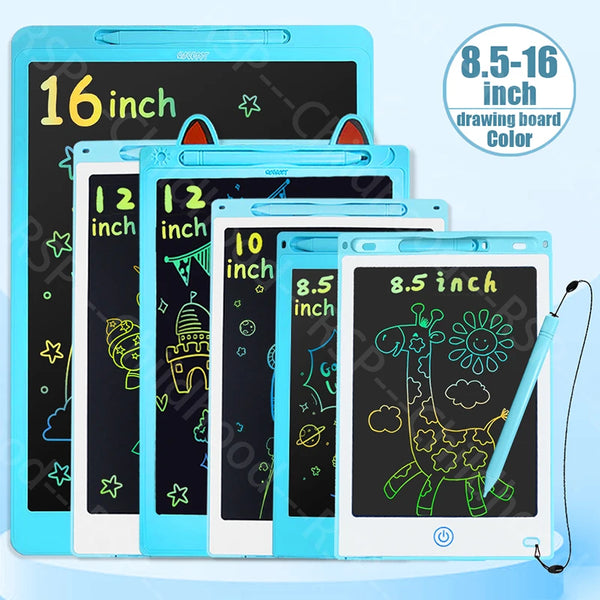 A set of 16 inch to 8.5 inch LCD drawing boards in various colors, showing different sizes and features.