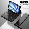 Estuche de teclado Bluetooth negro desmontable para iPad, abierto mostrando un gráfico azul en la pantalla.