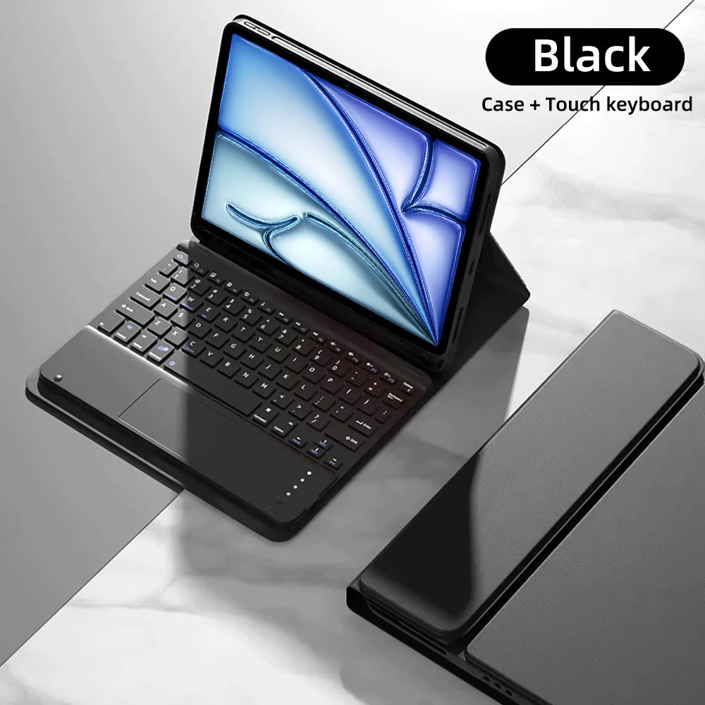 Estuche de teclado Bluetooth negro desmontable para iPad, abierto mostrando un gráfico azul en la pantalla.