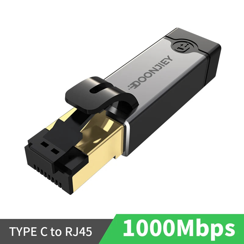 محول أسود من نوع Doonjie من Type-C إلى RJ45، يوضح الطرف الموصل لاتصال إيثرنت بسرعة 1000 ميجابت في الثانية.
