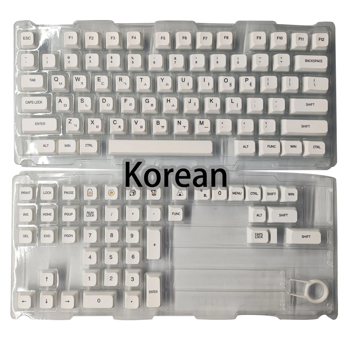 Set klarer PBT-Tastenkappen für mechanische Tastaturen, mit Standard- und koreanischen Layouts.