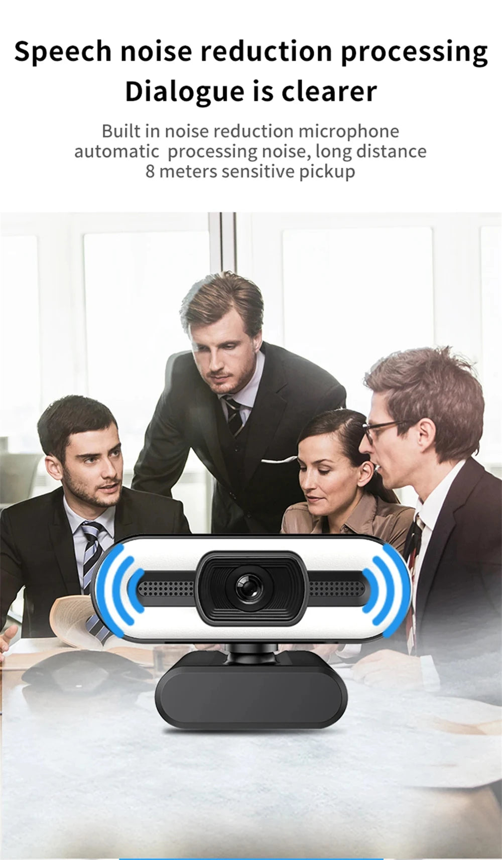 A black 4K auto-focus streaming webcam with a microphone is shown in front of three people.