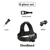 A 4-piece set of mounting hardware including a screw wrench, screw, adapter, and a headband for action cameras.