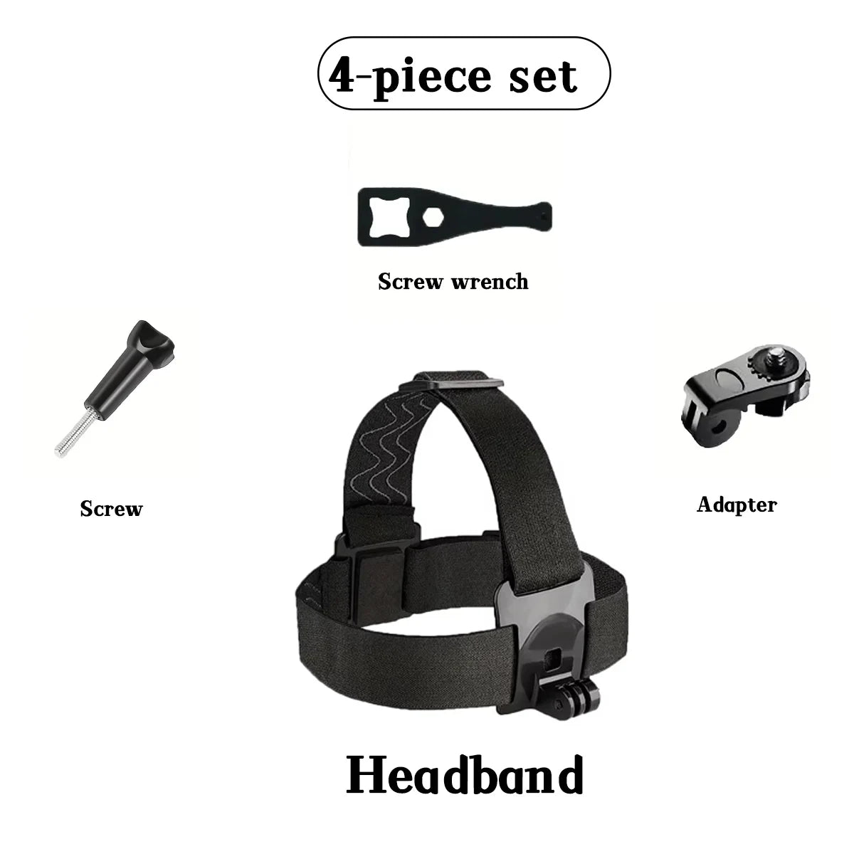 A 4-piece set of mounting hardware including a screw wrench, screw, adapter, and a headband for action cameras.